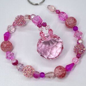 Beaded Suncatcher Pink Crystal Prism Hanging Patio Decor Yard Art Tree Jewelry